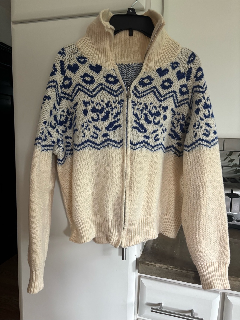 SHEIN Cream and Blue Zip-Up Nordic Pattern Cardigan